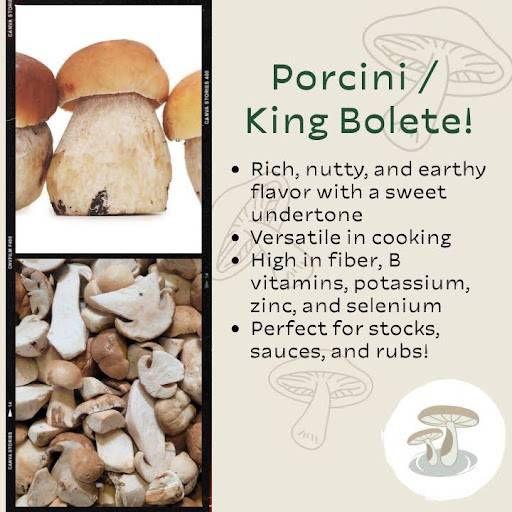 Beige background with faded outlines of mushrooms, the Pebble Creek Produce logo in the bottom right corner, and two images stacked one on top of the other with Porcini, King Bolete, wild mushrooms.